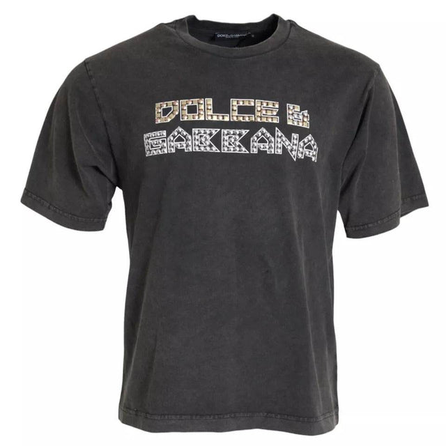 Dolce & Gabbana Gray Logo Embellished Cotton Short Sleeves T-shirt - Hilstor