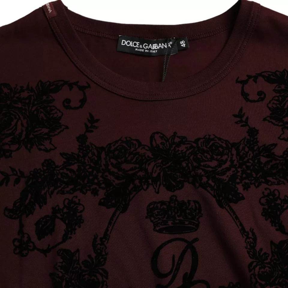 Dolce & Gabbana Maroon DG Crown Floral Crewneck Men T-shirt - Hilstor