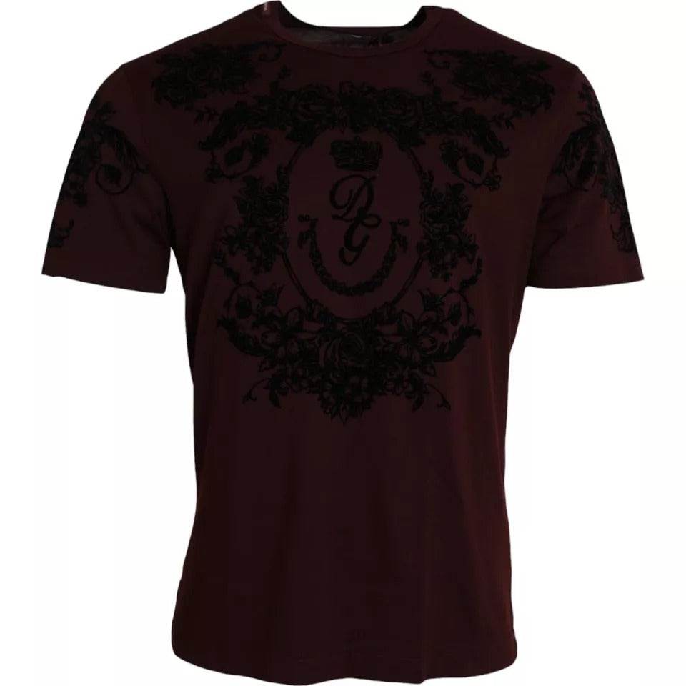 Dolce & Gabbana Maroon DG Crown Floral Crewneck Men T-shirt - Hilstor