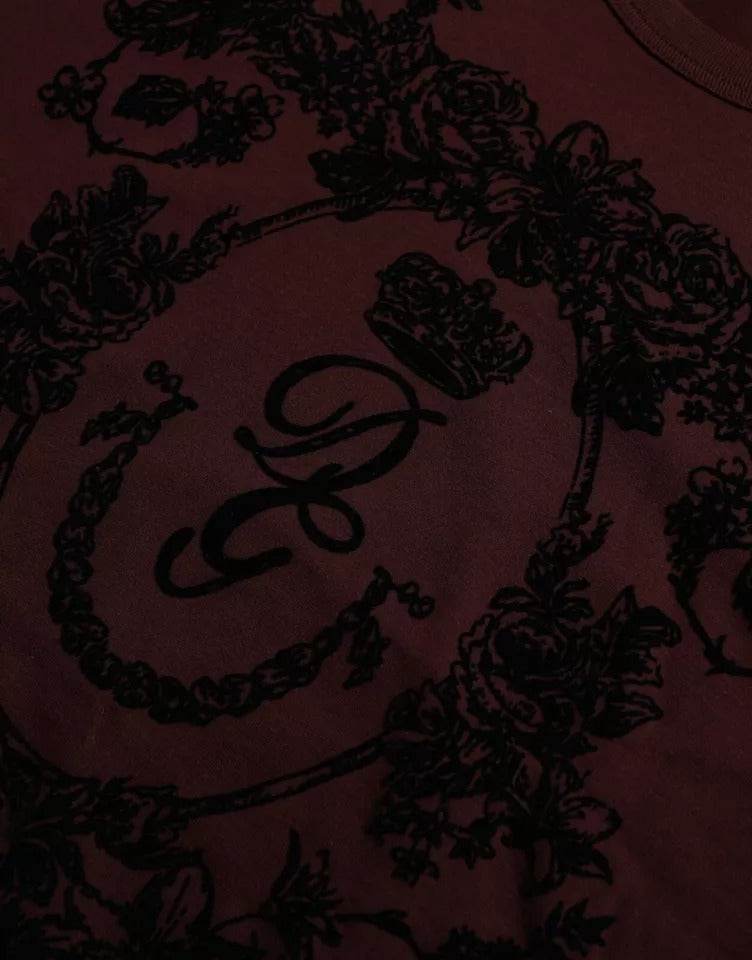 Dolce & Gabbana Maroon DG Crown Floral Crewneck Men T-shirt - Hilstor