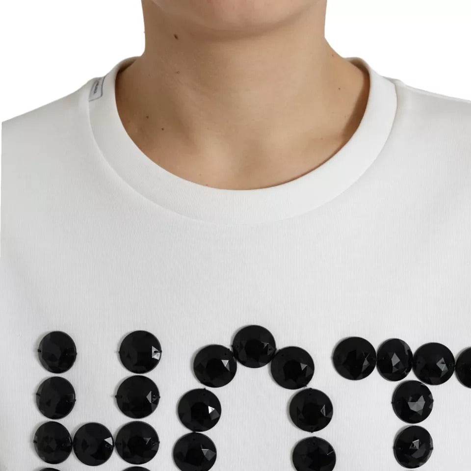 Dolce & Gabbana White Cotton Black HOT Crystal Top T-shirt - Hilstor