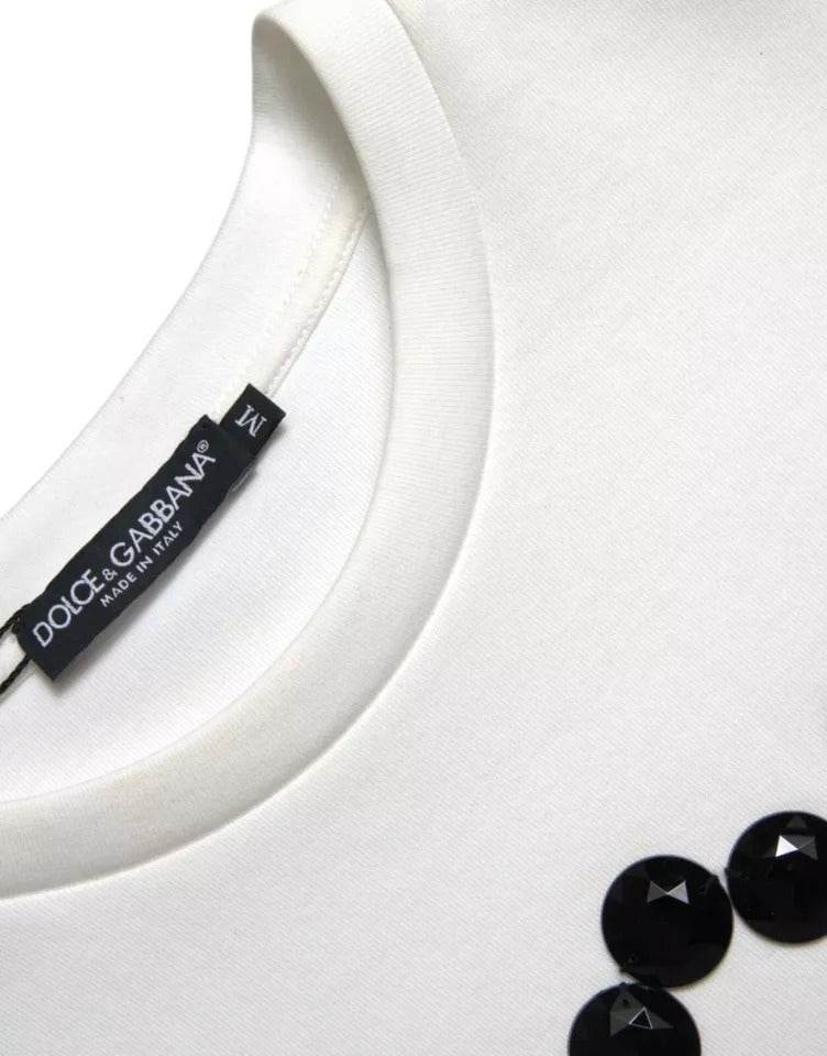 Dolce & Gabbana White Cotton Black HOT Crystal Top T-shirt - Hilstor