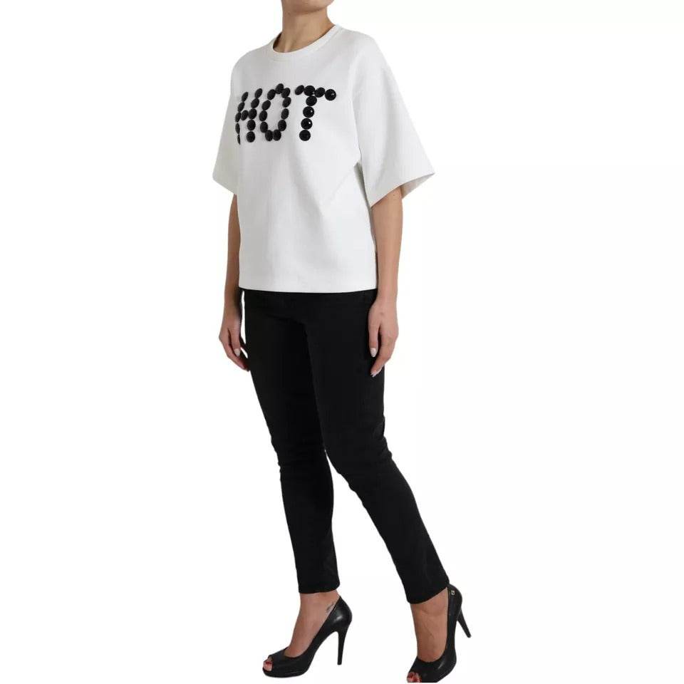 Dolce & Gabbana White Cotton Black HOT Crystal Top T-shirt - Hilstor
