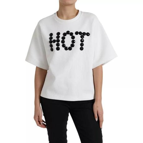 Dolce & Gabbana White Cotton Black HOT Crystal Top T-shirt - Hilstor