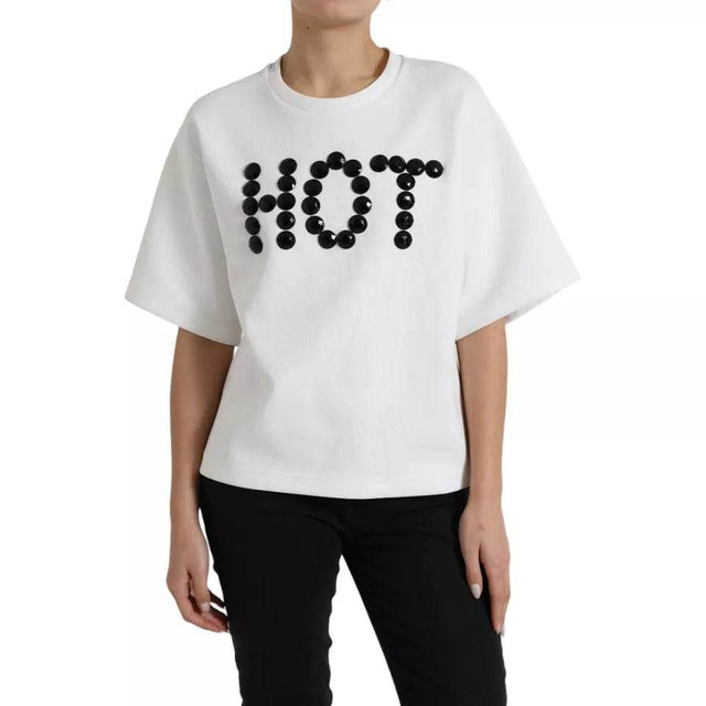 Dolce & Gabbana White Cotton Black HOT Crystal Top T-shirt - Hilstor