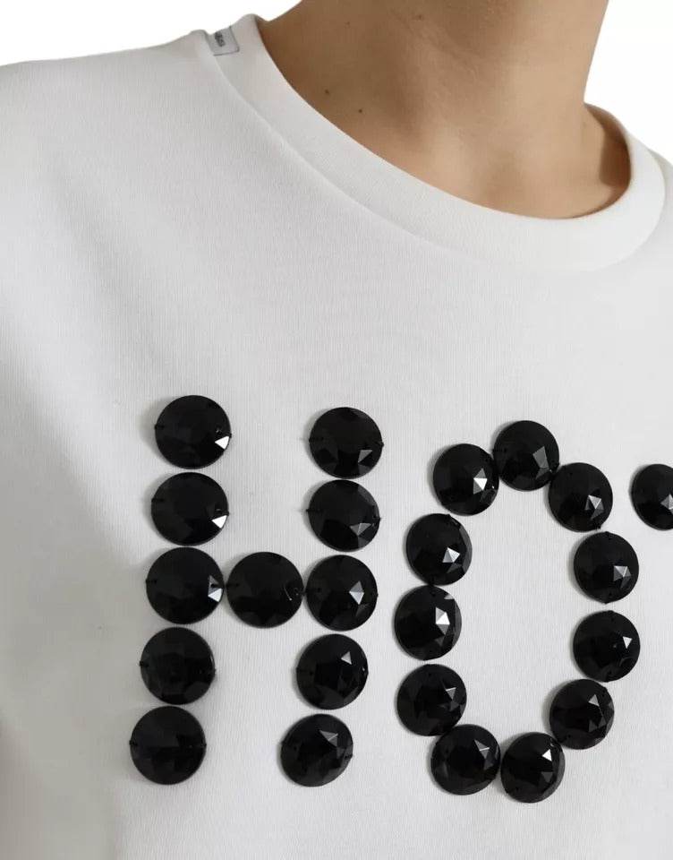 Dolce & Gabbana White Cotton Black HOT Crystal Top T-shirt - Hilstor