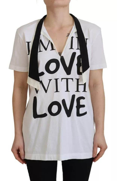 Dolce & Gabbana White Cotton Printed Ascot Collared T-shirt - Hilstor