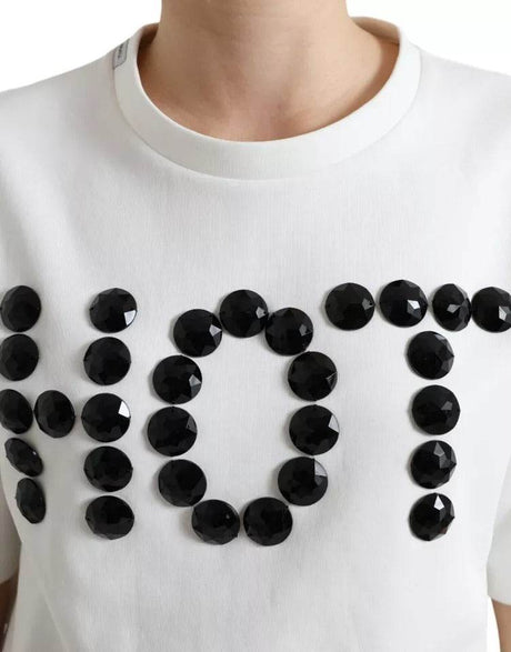Dolce & Gabbana White Cotton Stretch Black HOT Crystal T-shirt - Hilstor