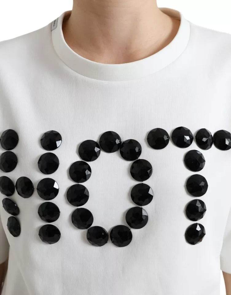 Dolce & Gabbana White Cotton Stretch Black HOT Crystal T-shirt - Hilstor