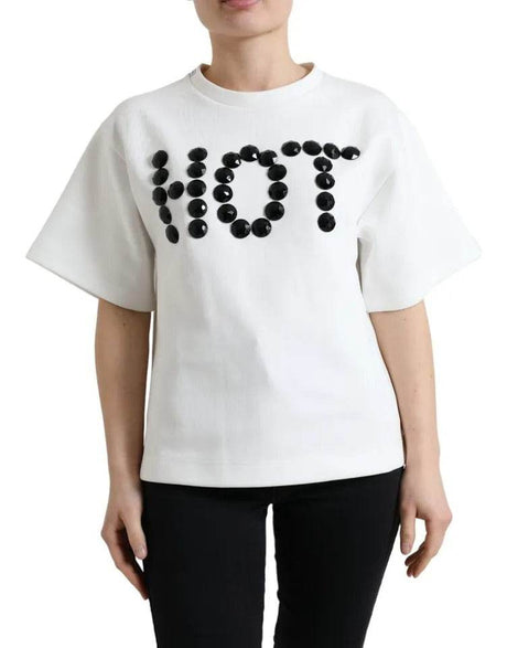 Dolce & Gabbana White Cotton Stretch Black HOT Crystal T-shirt - Hilstor