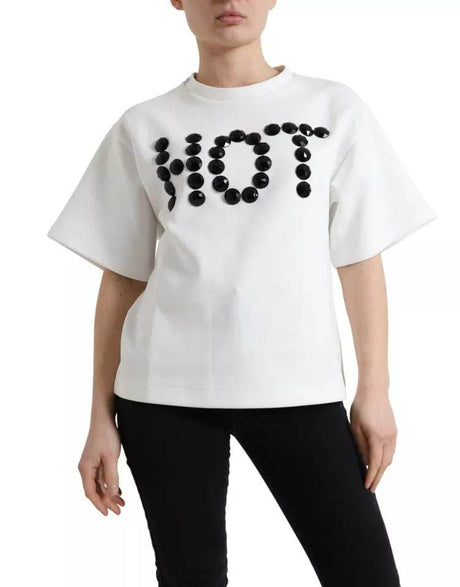 Dolce & Gabbana White Cotton Stretch Black HOT Crystal T-shirt - Hilstor