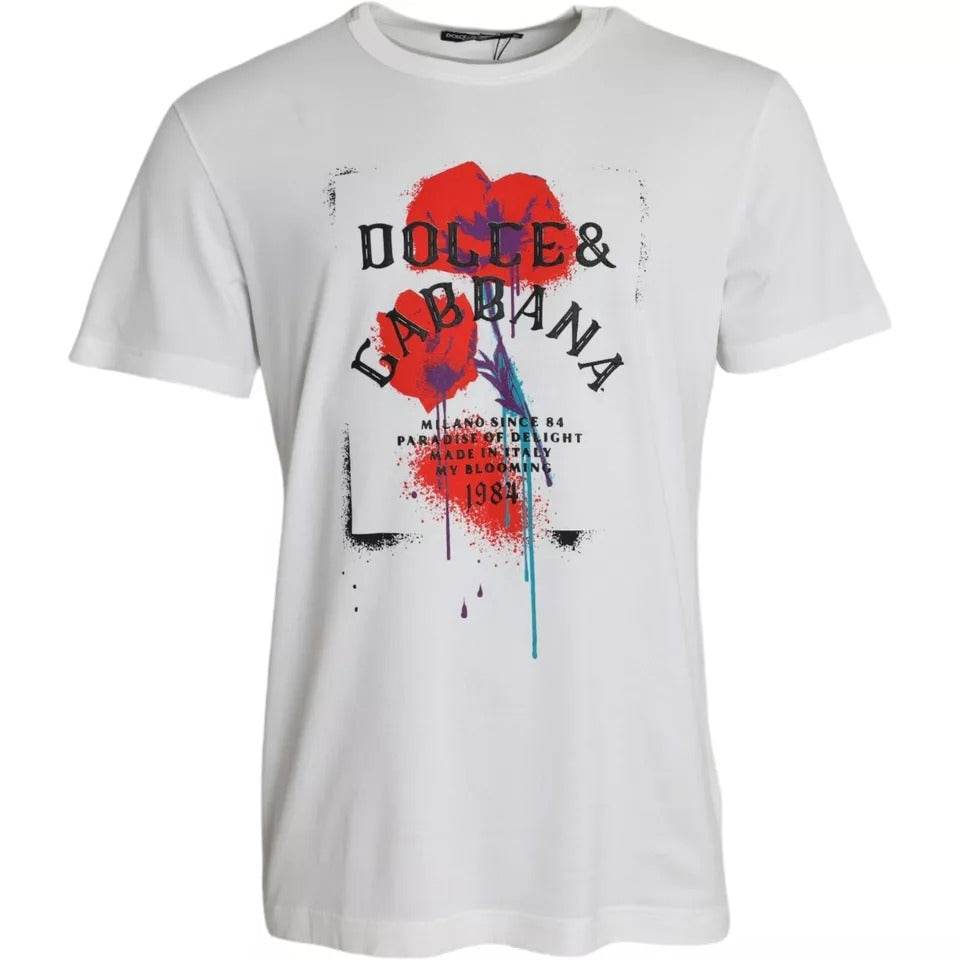 Dolce & Gabbana White Logo Floral Cotton Crew Neck T-shirt - Hilstor
