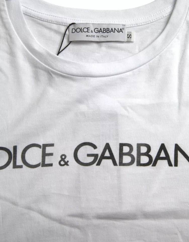 Dolce & Gabbana White Logo Print Cotton Crew Neck Mens Top T-shirt - Hilstor