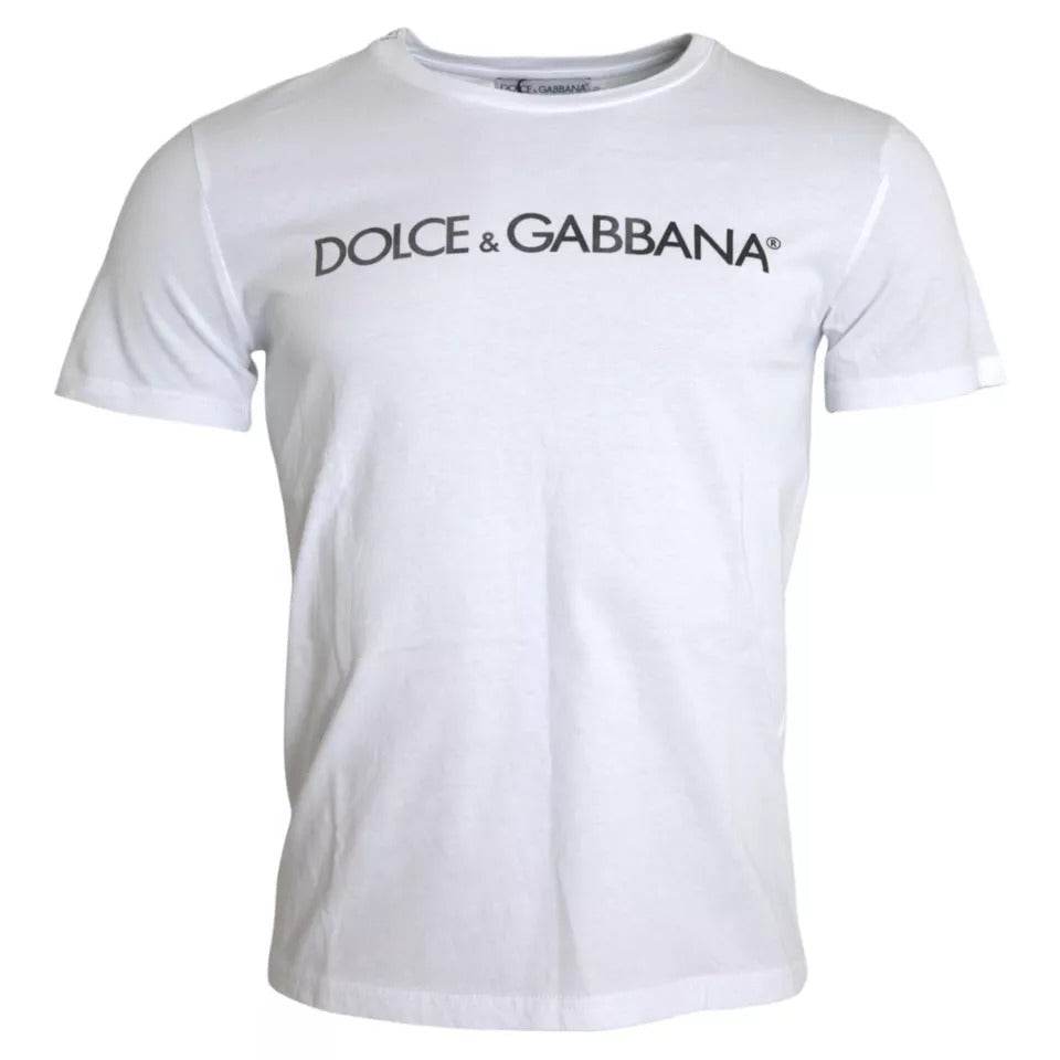 Dolce & Gabbana White Logo Print Cotton Crew Neck Mens Top T-shirt - Hilstor