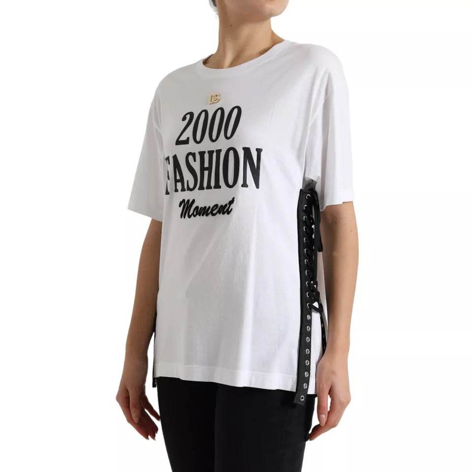 Dolce & Gabbana White Slogan Print Lacing Detailed T-shirt - Hilstor