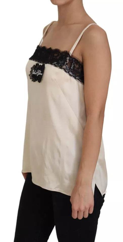 Dolce & Gabbana Beige Lace Spaghetti Logo Embroidery Top - Hilstor