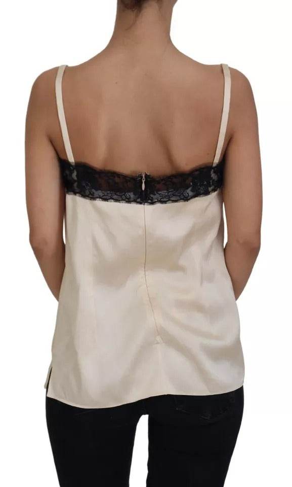Dolce & Gabbana Beige Lace Spaghetti Logo Embroidery Top - Hilstor