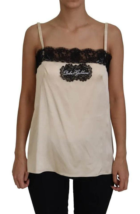 Dolce & Gabbana Beige Lace Spaghetti Logo Embroidery Top - Hilstor