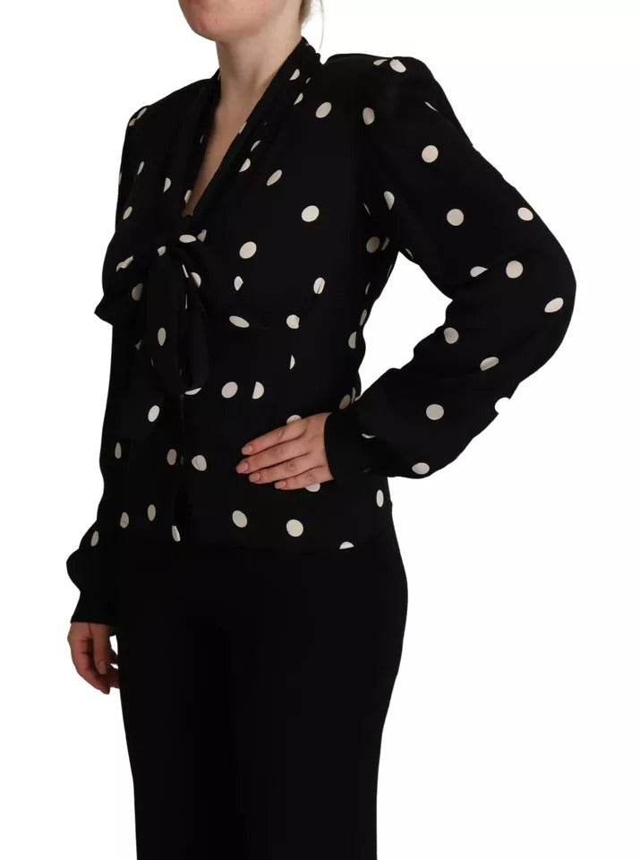 Dolce & Gabbana Black Polka Dots Silk Pussy Bow Long Sleeves Top - Hilstor