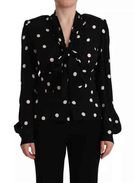 Dolce & Gabbana Black Polka Dots Silk Pussy Bow Long Sleeves Top - Hilstor