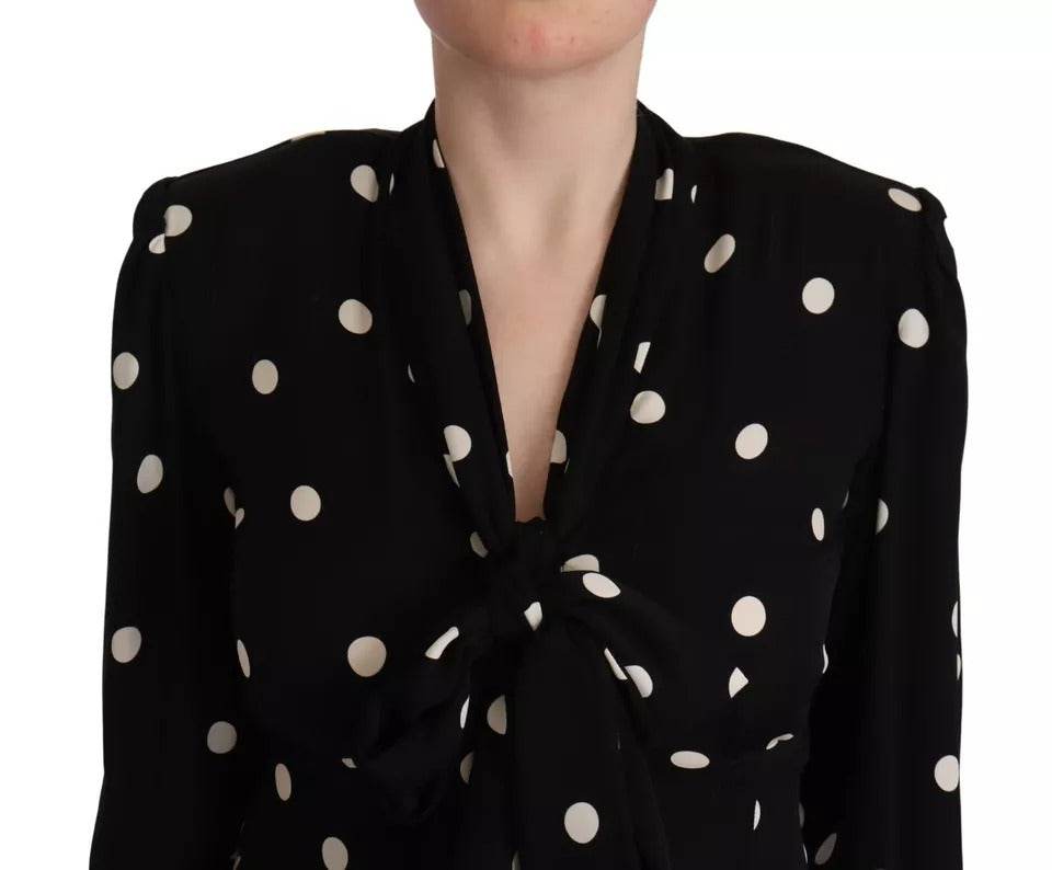 Dolce & Gabbana Black Polka Dots Silk Pussy Bow Long Sleeves Top - Hilstor