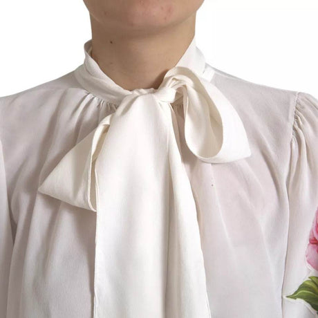 Dolce & Gabbana White Floral Silk Ascot Collared Top Blouse - Hilstor