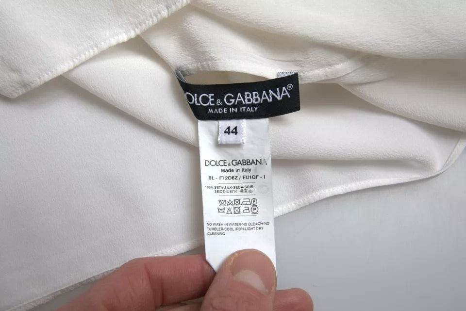 Dolce & Gabbana White Floral Silk Ascot Collared Top Blouse - Hilstor