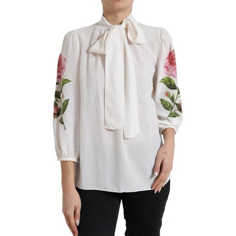 Dolce & Gabbana White Floral Silk Ascot Collared Top Blouse - Hilstor