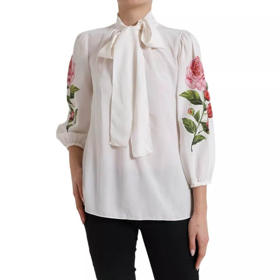 Dolce & Gabbana White Floral Silk Ascot Collared Top Blouse - Hilstor