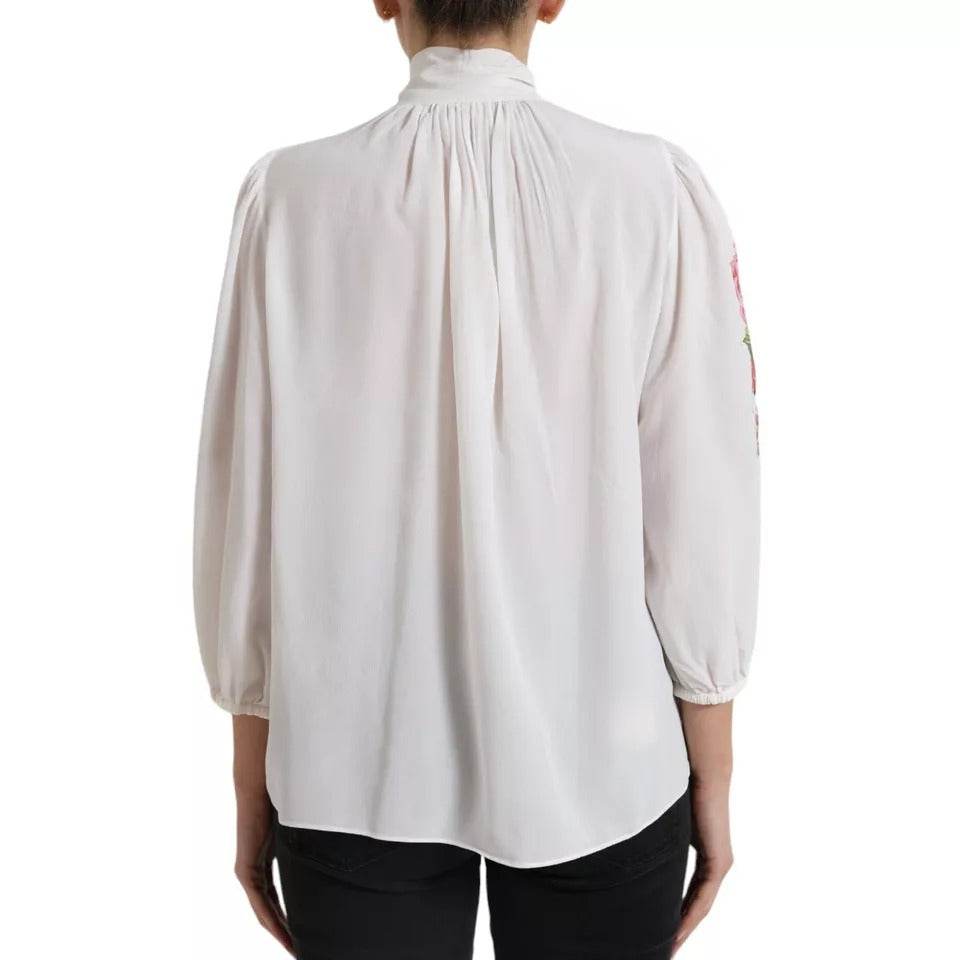 Dolce & Gabbana White Floral Silk Ascot Collared Top Blouse - Hilstor