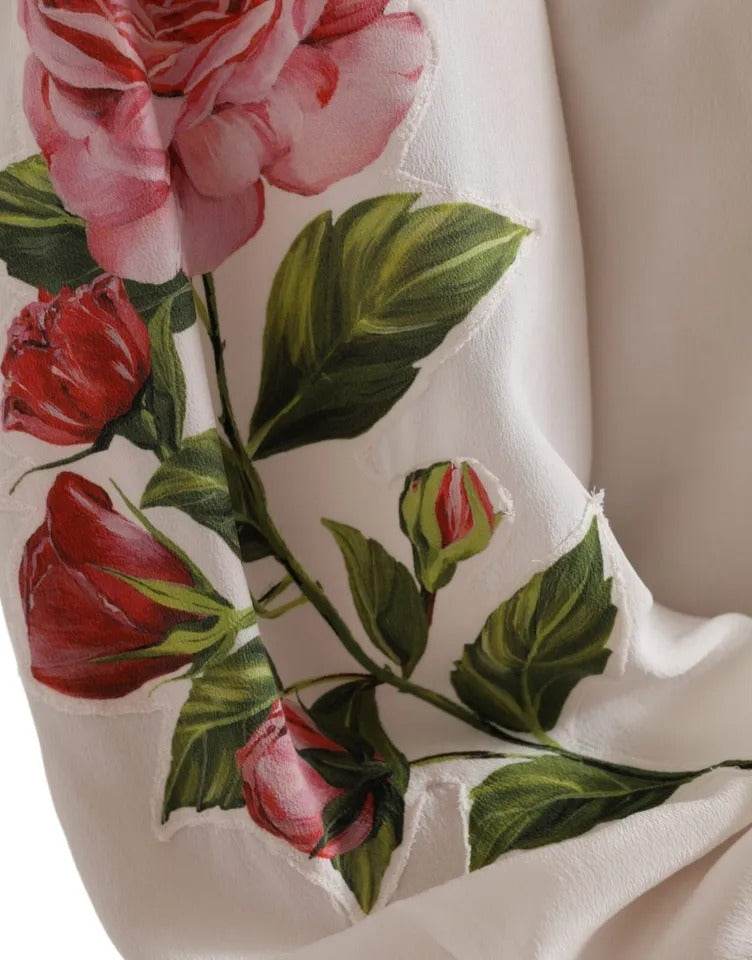 Dolce & Gabbana White Floral Silk Ascot Collared Top Blouse - Hilstor