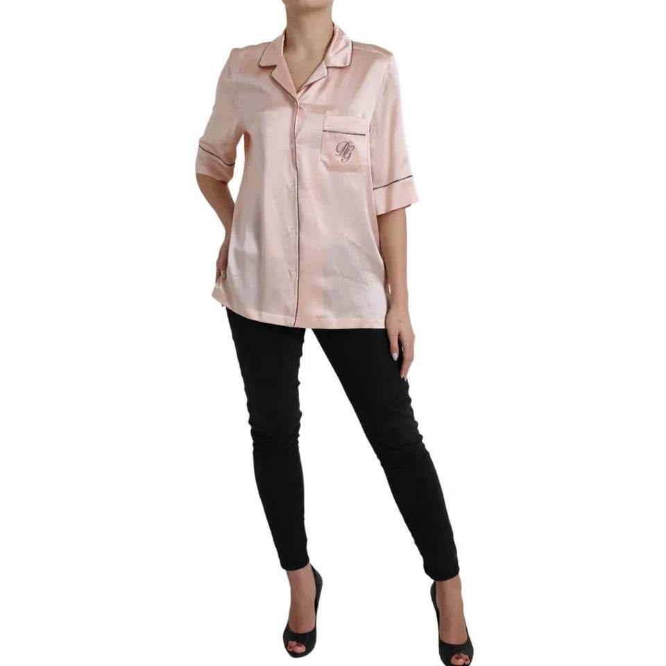 Dolce & Gabbana Pink Silk Long Sleeves Logo Pajama Blouse Top - Hilstor