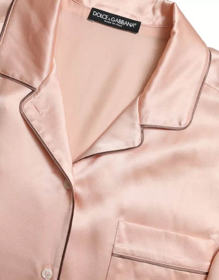 Dolce & Gabbana Pink Silk Long Sleeves Logo Pajama Blouse Top - Hilstor