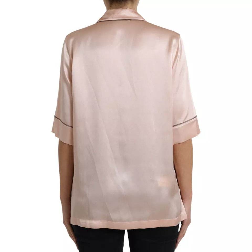 Dolce & Gabbana Pink Silk Long Sleeves Logo Pajama Blouse Top - Hilstor