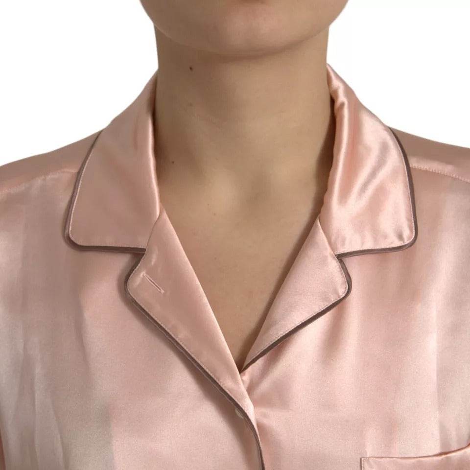 Dolce & Gabbana Pink Silk Long Sleeves Logo Pajama Blouse Top - Hilstor