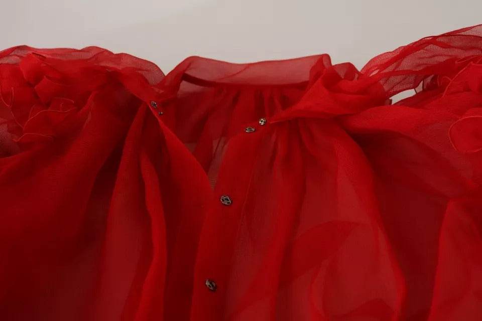 Dolce & Gabbana Red Silk Ascot Collar Ruffles Blouse Top - Hilstor