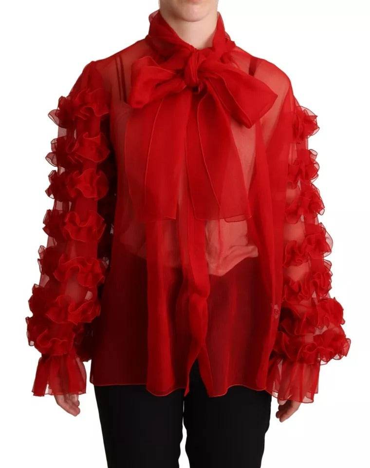 Dolce & Gabbana Red Silk Ascot Collar Ruffles Blouse Top - Hilstor