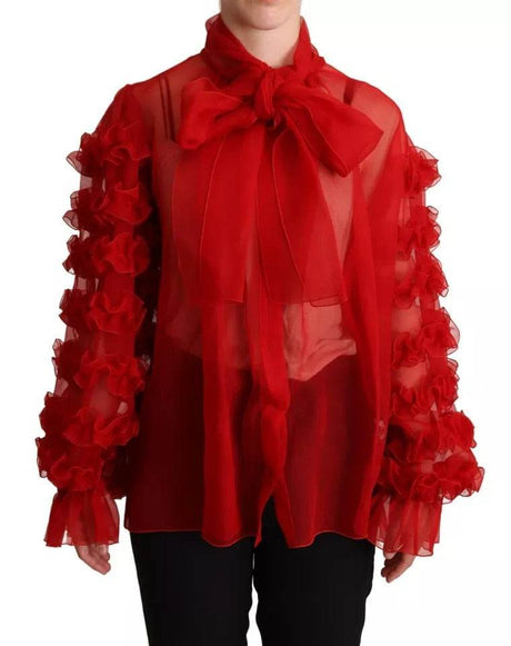 Dolce & Gabbana Red Silk Ascot Collar Ruffles Blouse Top - Hilstor