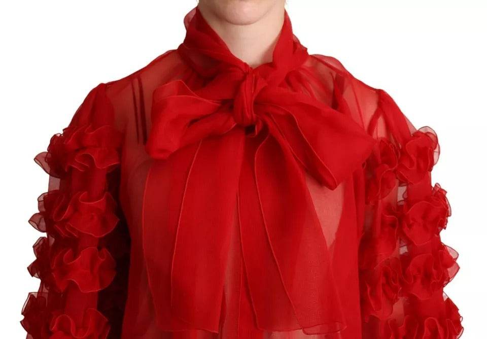 Dolce & Gabbana Red Silk Ascot Collar Ruffles Blouse Top - Hilstor