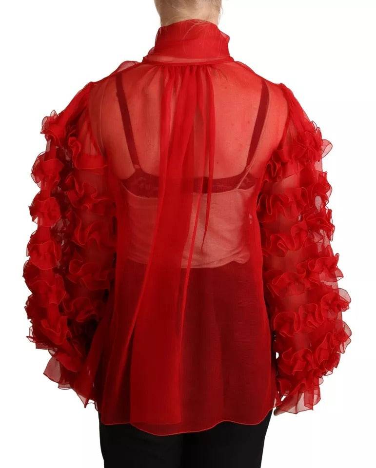 Dolce & Gabbana Red Silk Ascot Collar Ruffles Blouse Top - Hilstor