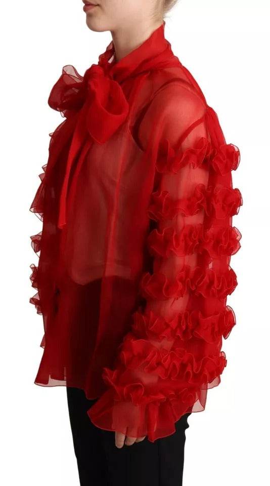Dolce & Gabbana Red Silk Ascot Collar Ruffles Blouse Top - Hilstor