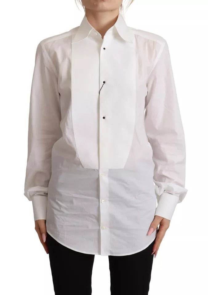 Dolce & Gabbana White Cotton Dress Collared Long Sleeves Shirt Top - Hilstor