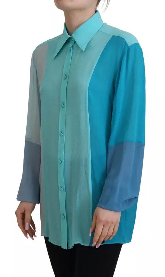 Dolce & Gabbana Blue Collar Long Sleeve Blouse Silk Top - Hilstor