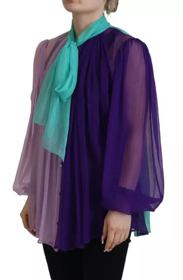 Dolce & Gabbana Multicolor Long Sleeves Ascot Collar Silk Top - Hilstor