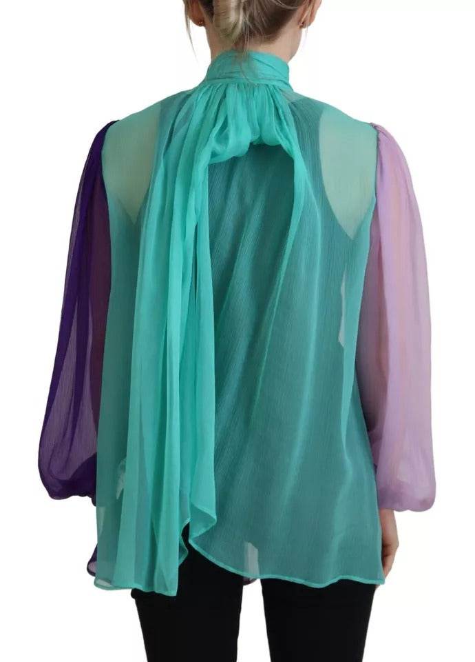 Dolce & Gabbana Multicolor Long Sleeves Ascot Collar Silk Top - Hilstor