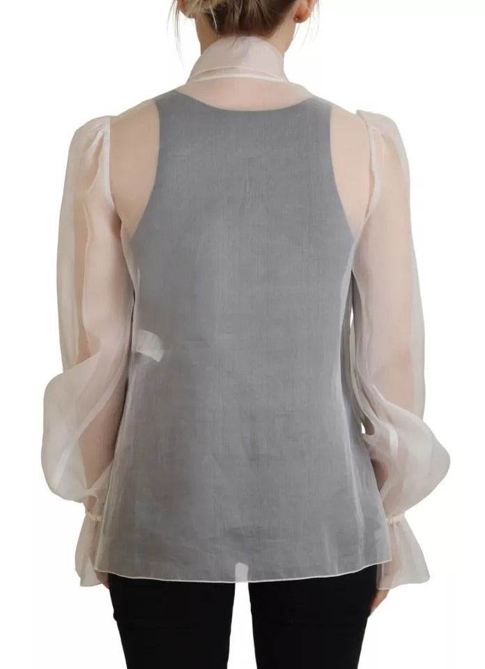 Dolce & Gabbana White Ascot Collar Long Sleeves Blouse Top - Hilstor
