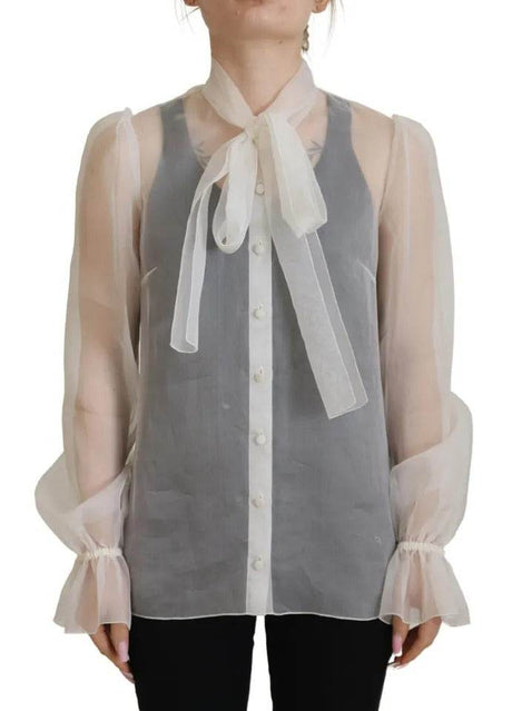 Dolce & Gabbana White Ascot Collar Long Sleeves Blouse Top - Hilstor