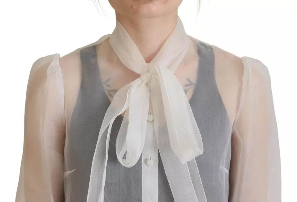 Dolce & Gabbana White Ascot Collar Long Sleeves Blouse Top - Hilstor