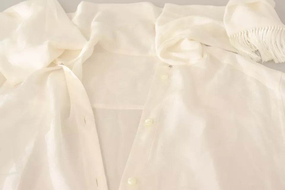Dolce & Gabbana White Blouse Ascot Collar Shirt Silk Button Top - Hilstor