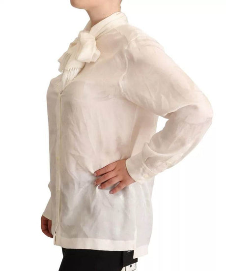 Dolce & Gabbana White Blouse Ascot Collar Shirt Silk Button Top - Hilstor